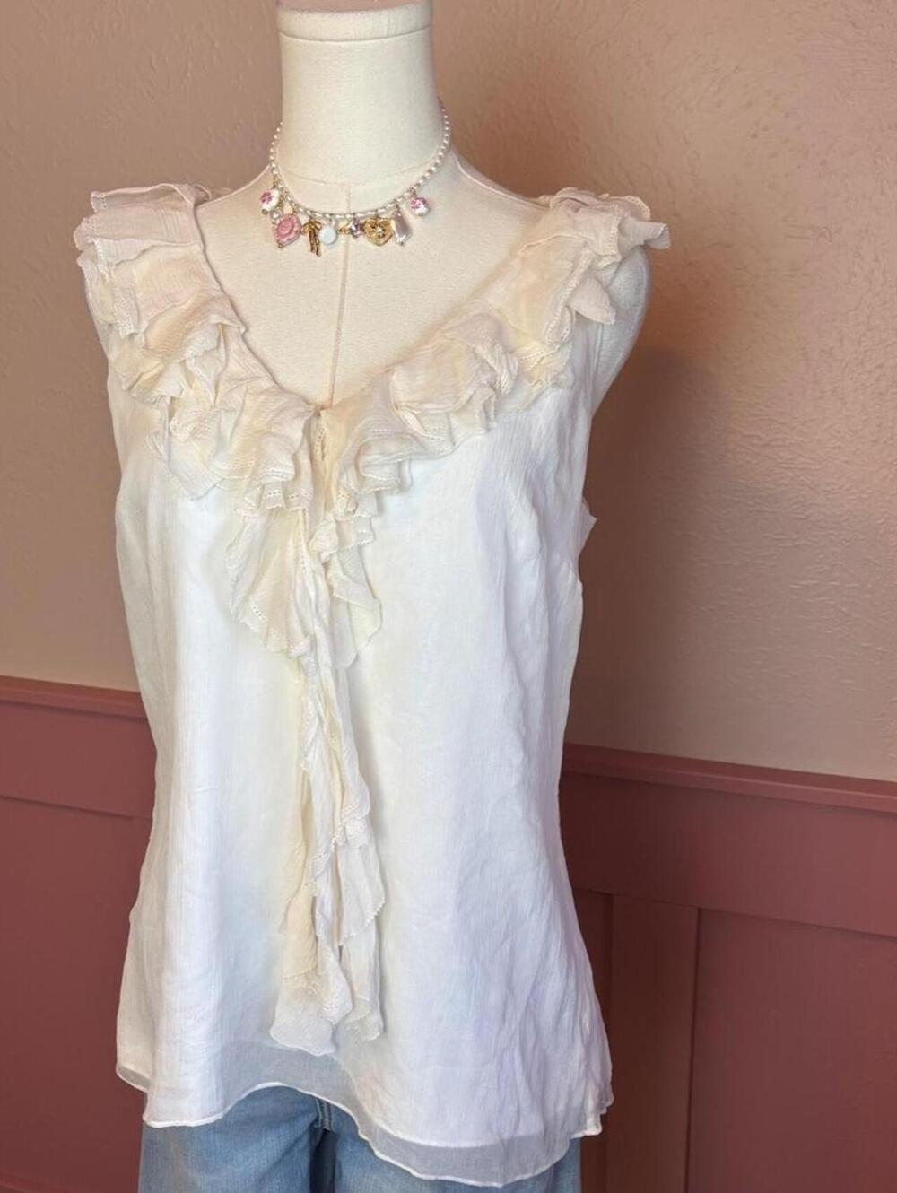 silk ruffle white blouse top  white house black market sz medium fairy cottage